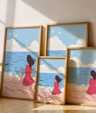 Serene seaside illustration with a girl in a pink dress gazing at the ocean