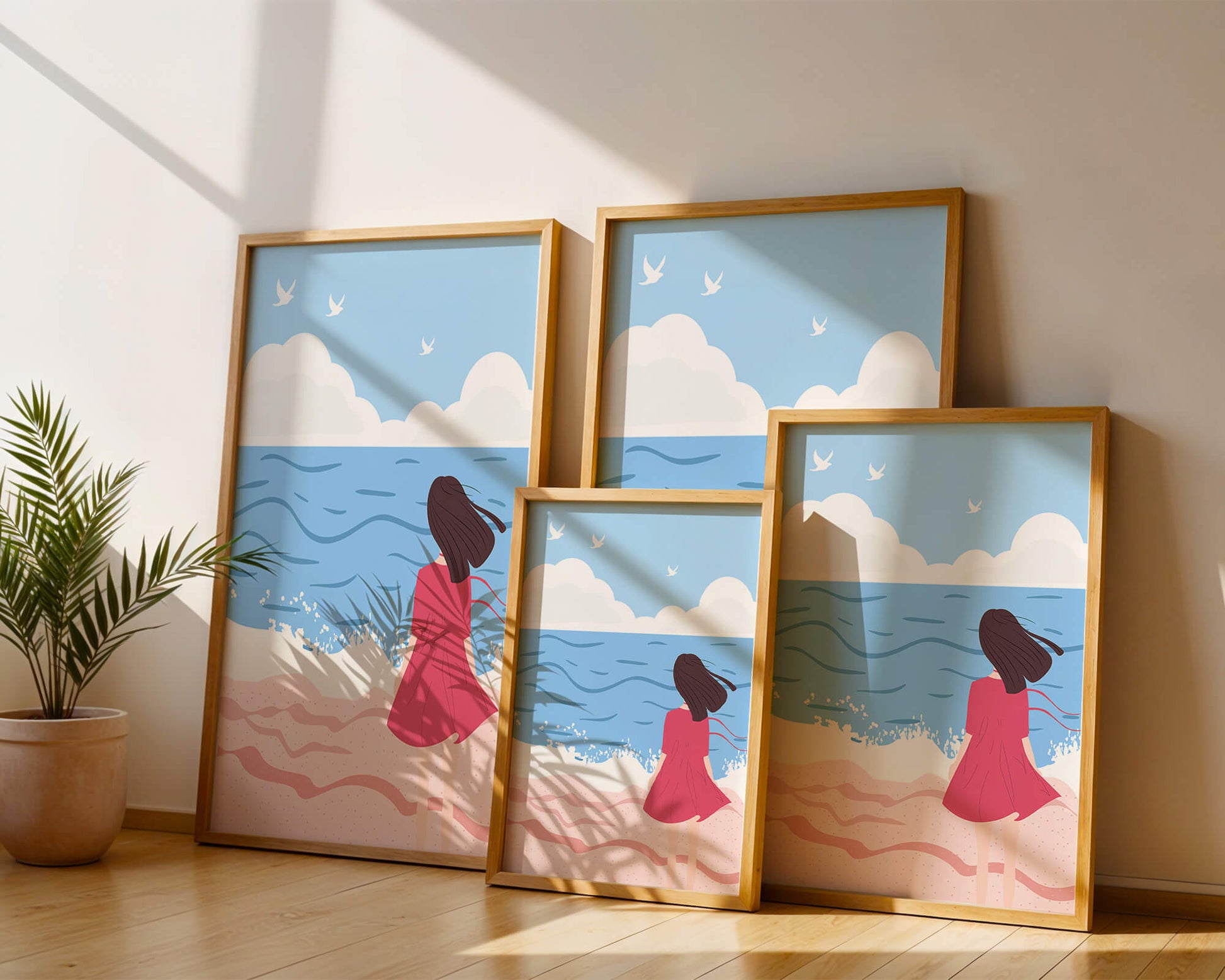 Serene seaside illustration with a girl in a pink dress gazing at the ocean