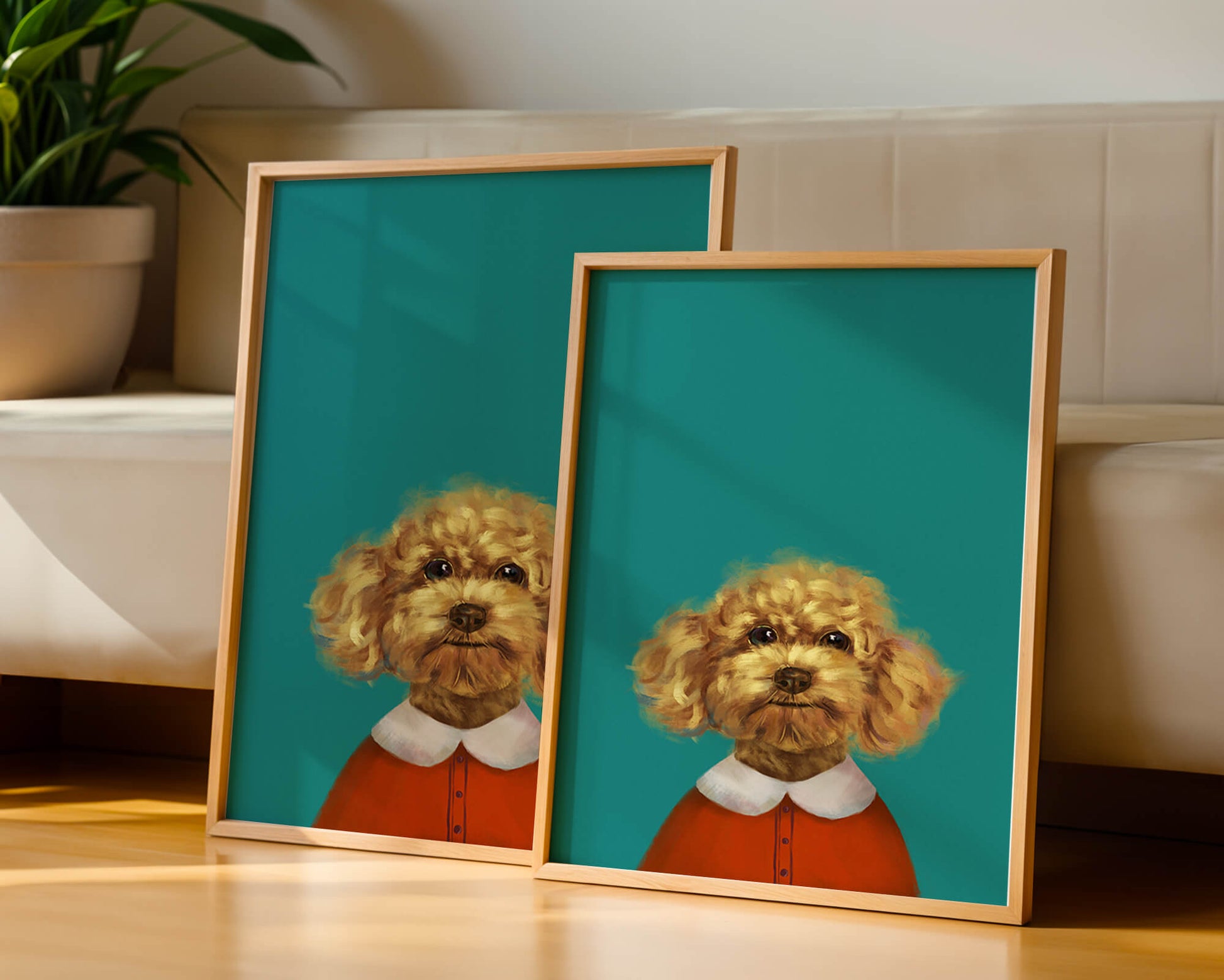 Portrait de caniche charmant en tenue de fête sur fond turquoise
