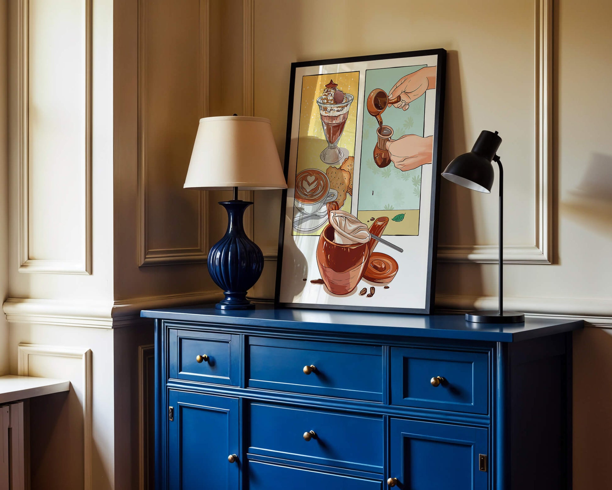 Ilustración artística de café y postre con detalles dorados