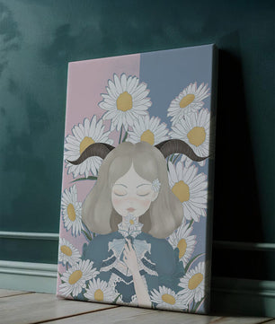 Ilustración de una niña con margaritas y cuernos sobre un fondo pastel