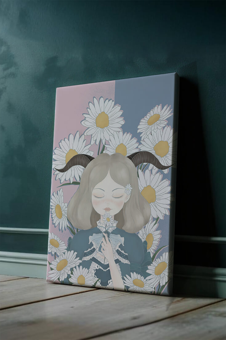 Illustration of girl with daisies and horns on a pastel background