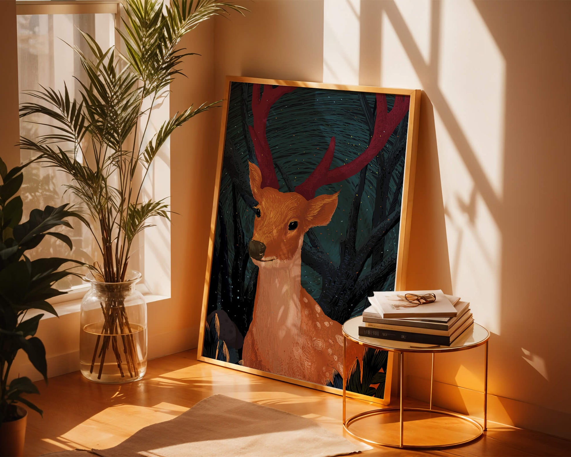 Ilustración de un majestuoso ciervo en un bosque místico