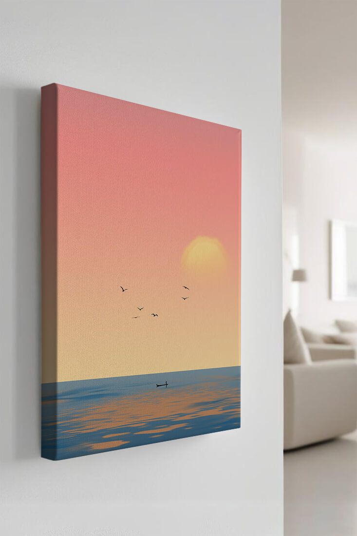 Amanecer sereno sobre el océano con un barco solitario y pájaros en vuelo