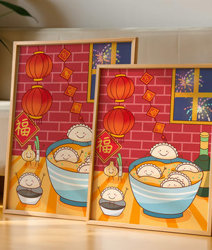 Festive Dumpling Illustration with Lanterns and Fireworks - Mi tienda