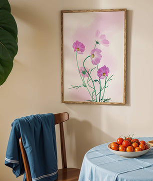 Ilustración digital de flores de cosmos rosadas sobre un fondo pastel suave