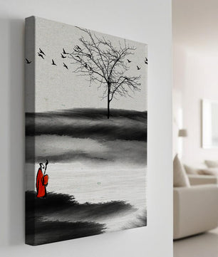 Monje contemplativo con pájaros y árbol desnudo en un paisaje sereno