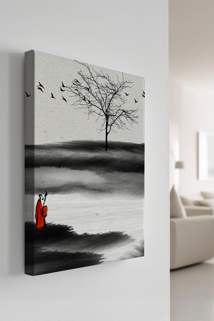 Contemplative Monk with Birds and Bare Tree in Serene Landscape