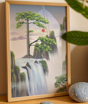 Serene landscape with flowing waterfall and sunrise