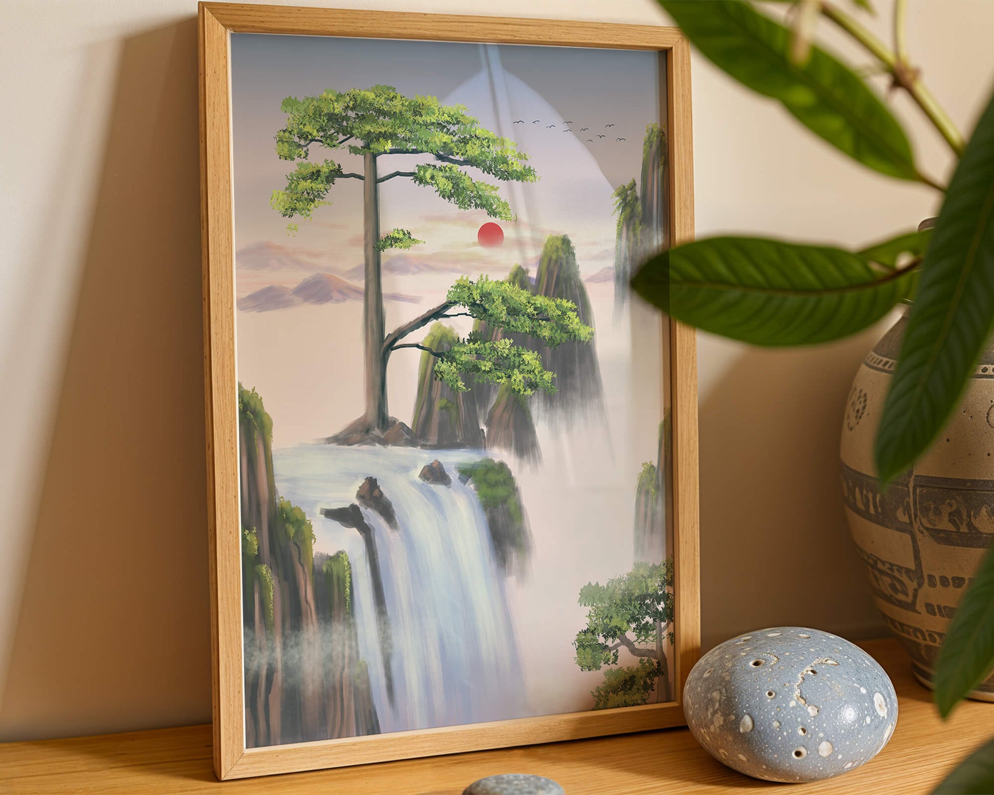 Serene landscape with flowing waterfall and sunrise