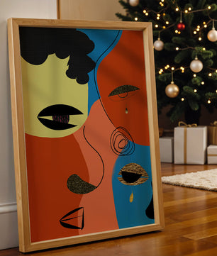 Abstract faces with vibrant colors and gold accents
