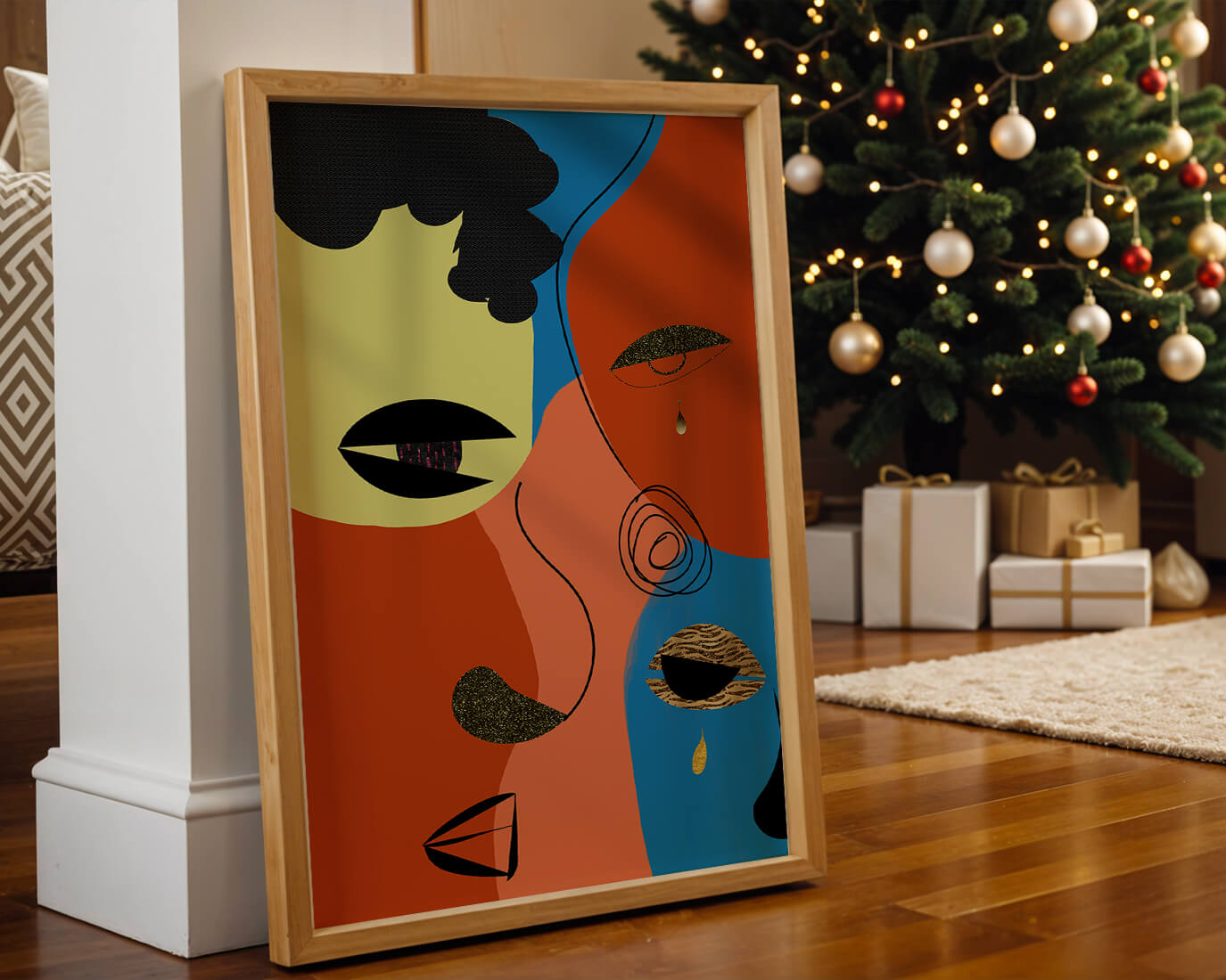 Abstract faces with vibrant colors and gold accents