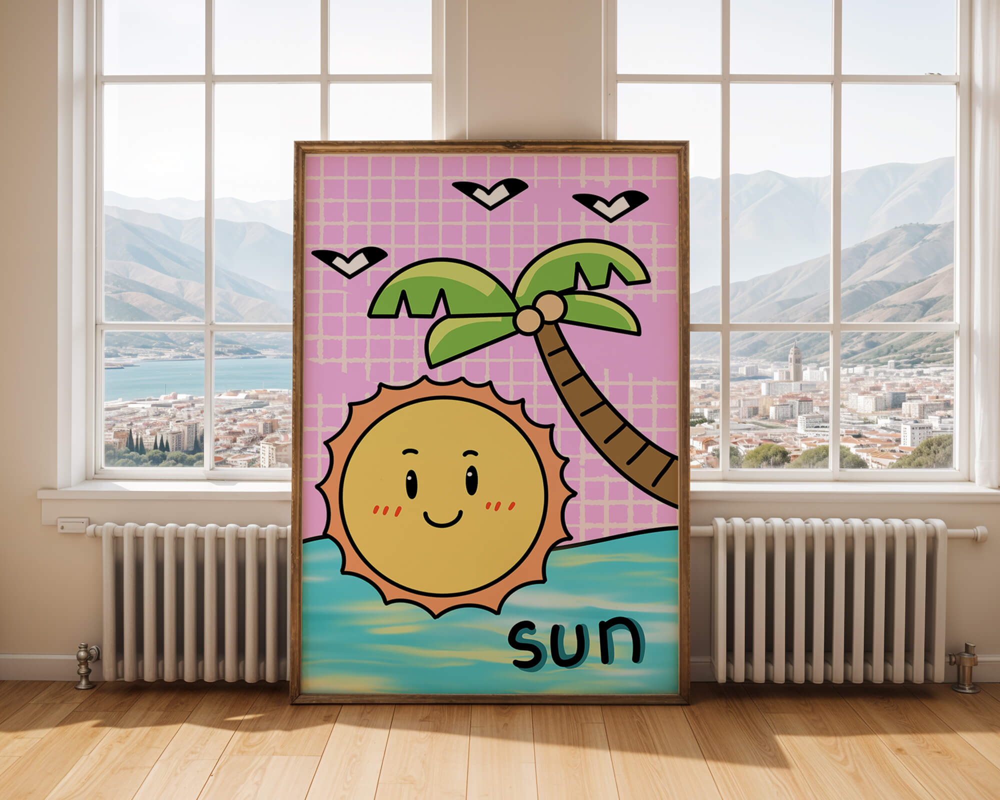 Cartoon sun with palm tree and ocean scene