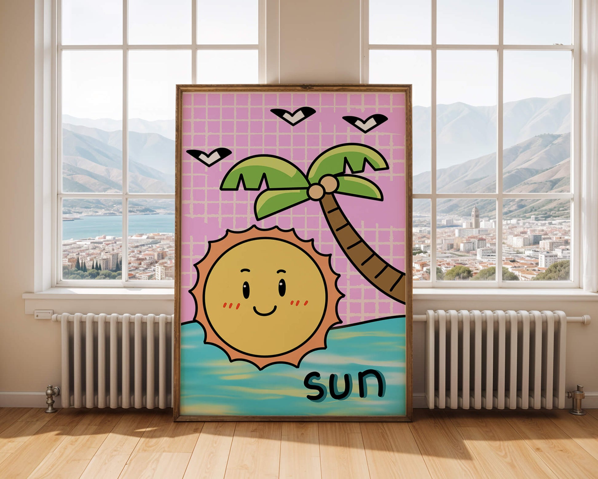 Cartoon sun with palm tree and ocean scene