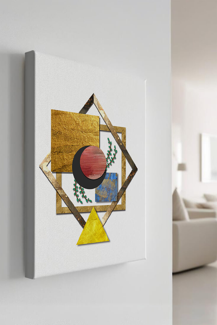 Modern geometric abstract art with vibrant colors and gold accents