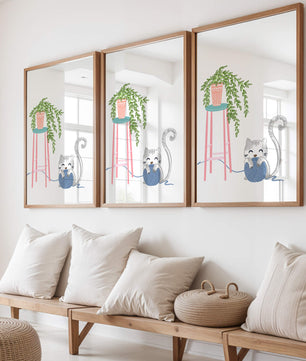 Cat Playing with Yarn Beside a Potted Plant on Pink Stool - Mi tienda