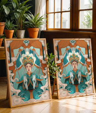 Illustration élégante d'une princesse orientale avec une tenue royale et des éléments mythiques
