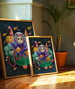 Whimsical space panda illustration with planets and stars