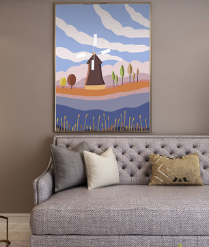 Paysage coloré avec moulin à vent et arbres abstraits