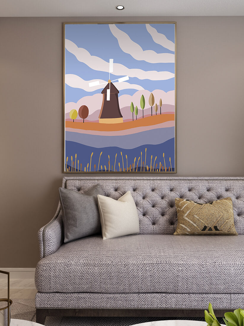 Colorful Landscape Featuring Windmill and Abstract Trees