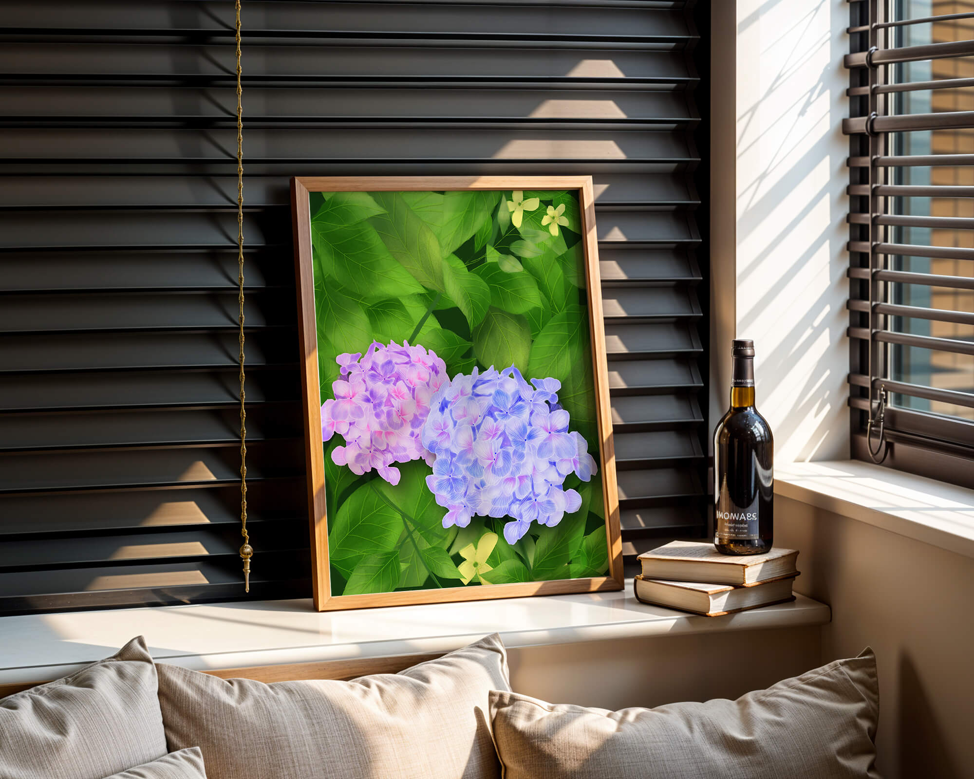 Delicate hydrangeas with lush green leaves in a vibrant botanical scene