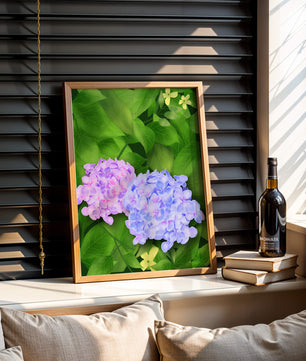 Delicate hydrangeas with lush green leaves in a vibrant botanical scene