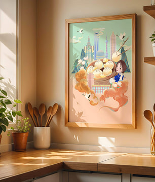 Illustration de la ligne d’horizon de Shanghai avec des raviolis et des éléments asiatiques