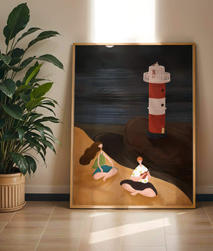 Peaceful Beach Scene with Lighthouse at Night