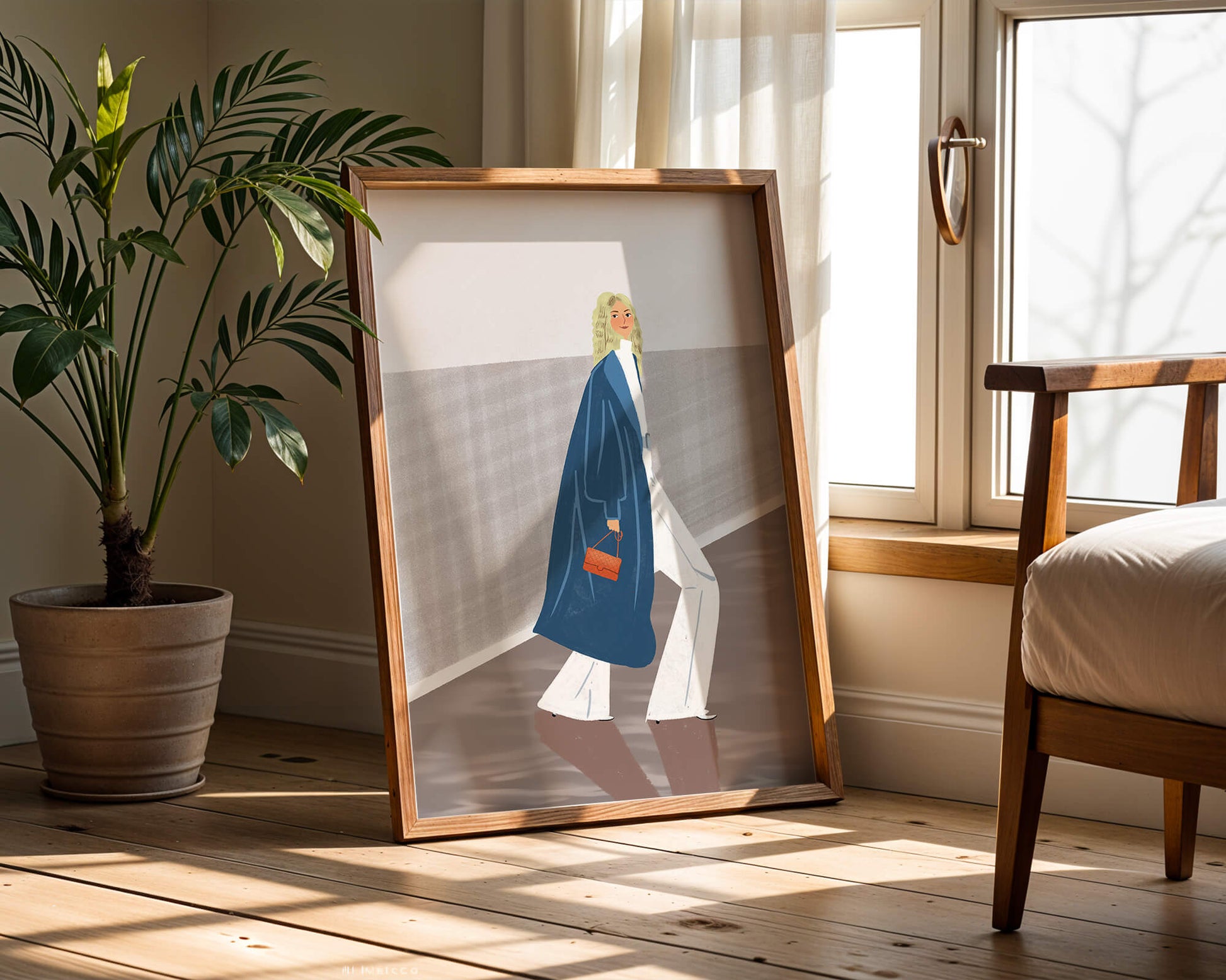 Fashionable Woman in Long Blue Coat Walking Along Corridor with Orange Handbag