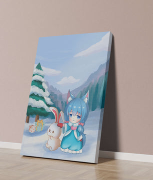 Winter scene with cute chibi character and bunny in snowy landscape