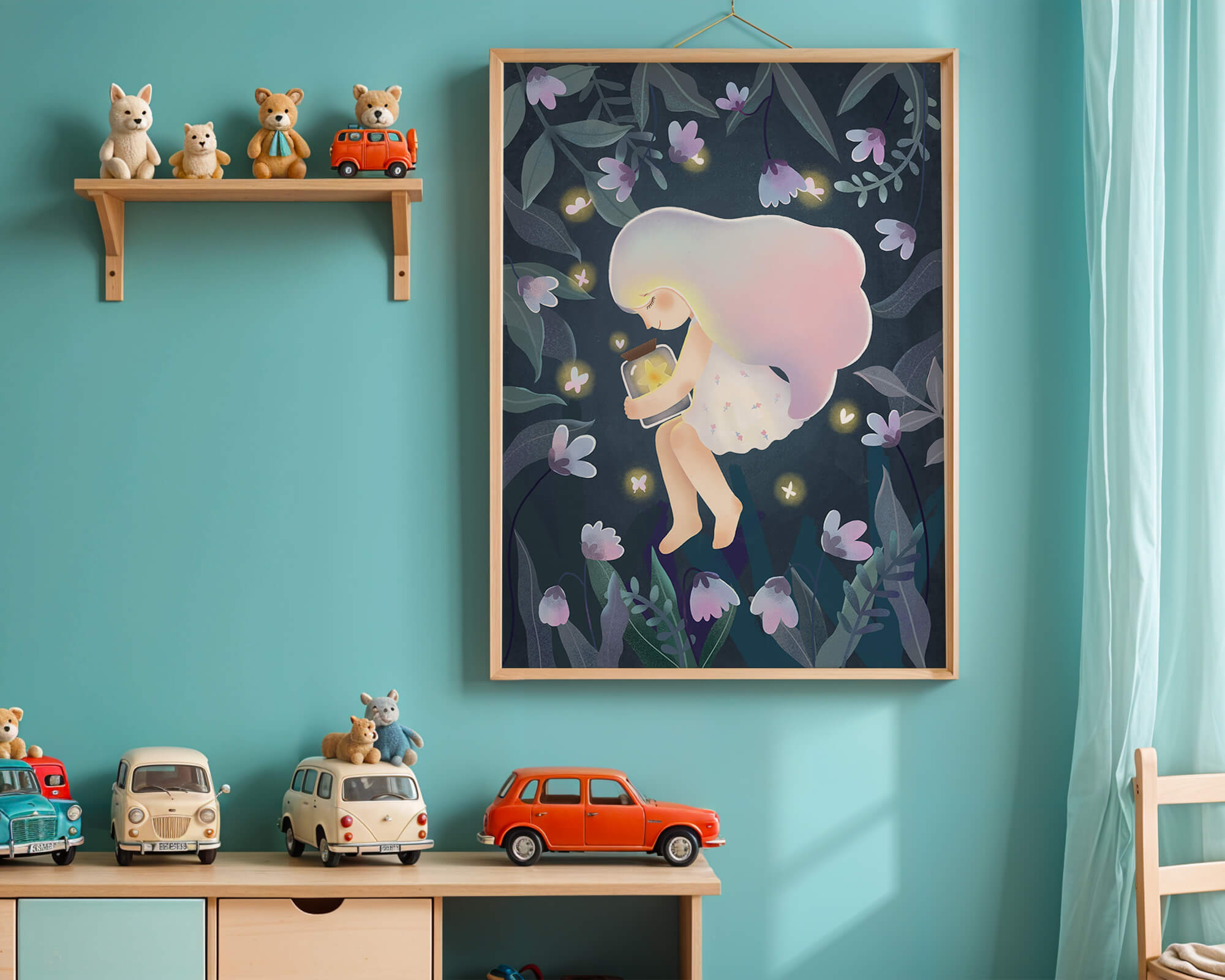 Illustration of a girl with glowing jar in moonlit garden