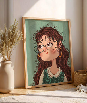 Illustration of a Thoughtful Girl with Glasses and Curly Hair
