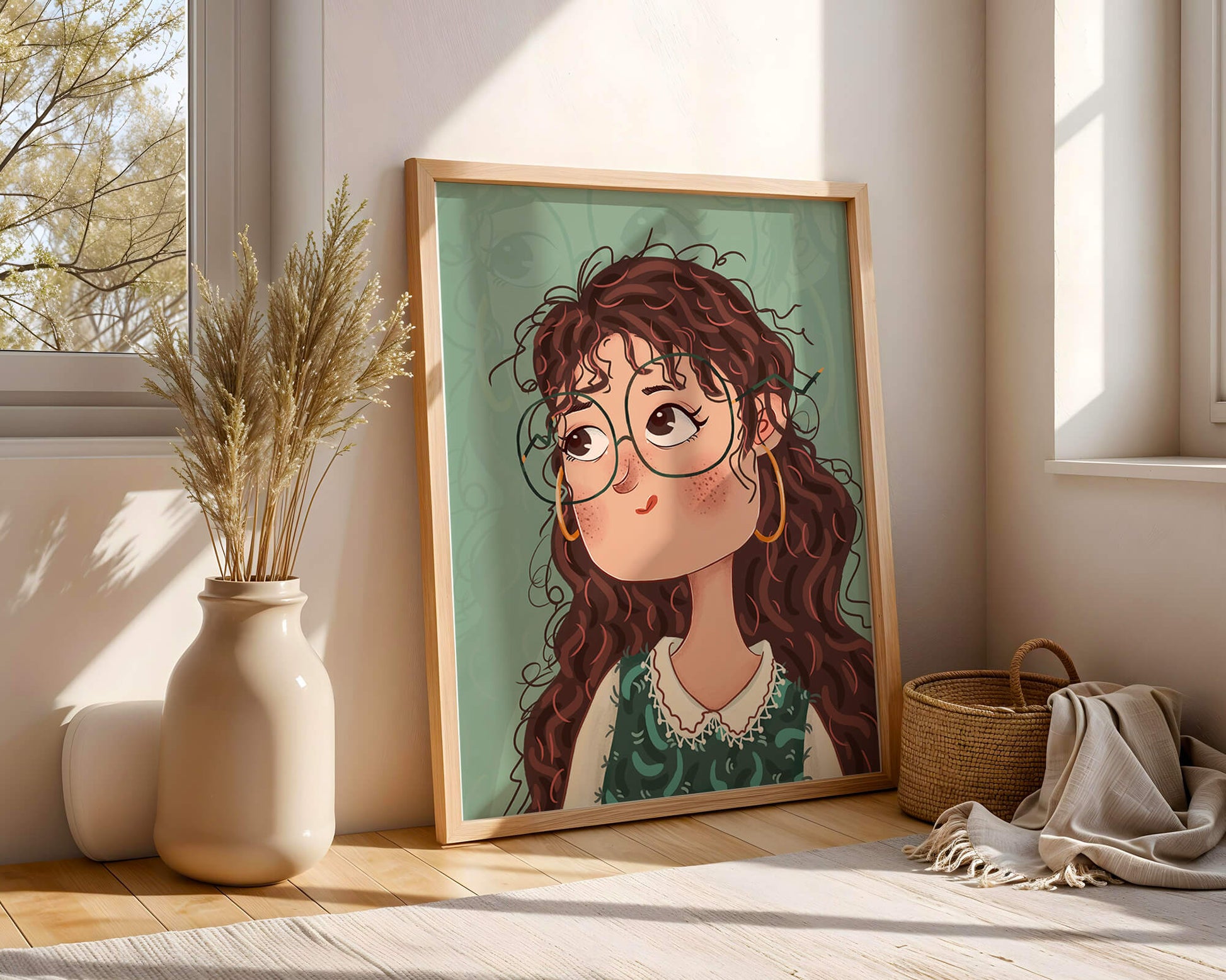 Ilustración de una chica pensativa con gafas y pelo rizado