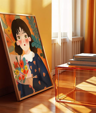 Ilustración colorida de una chica con flores rodeada de un fondo floral vibrante