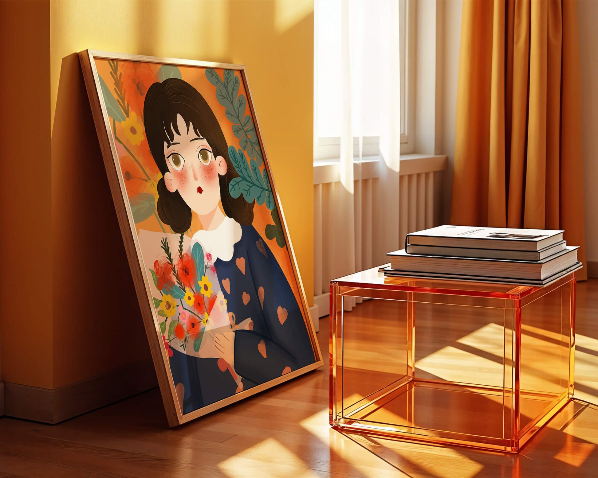 Ilustración colorida de una niña con flores rodeada de un fondo floral vibrante.