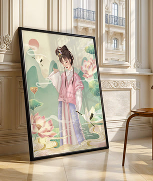 Femme élégante en tenue traditionnelle avec lotus en fleurs et grues