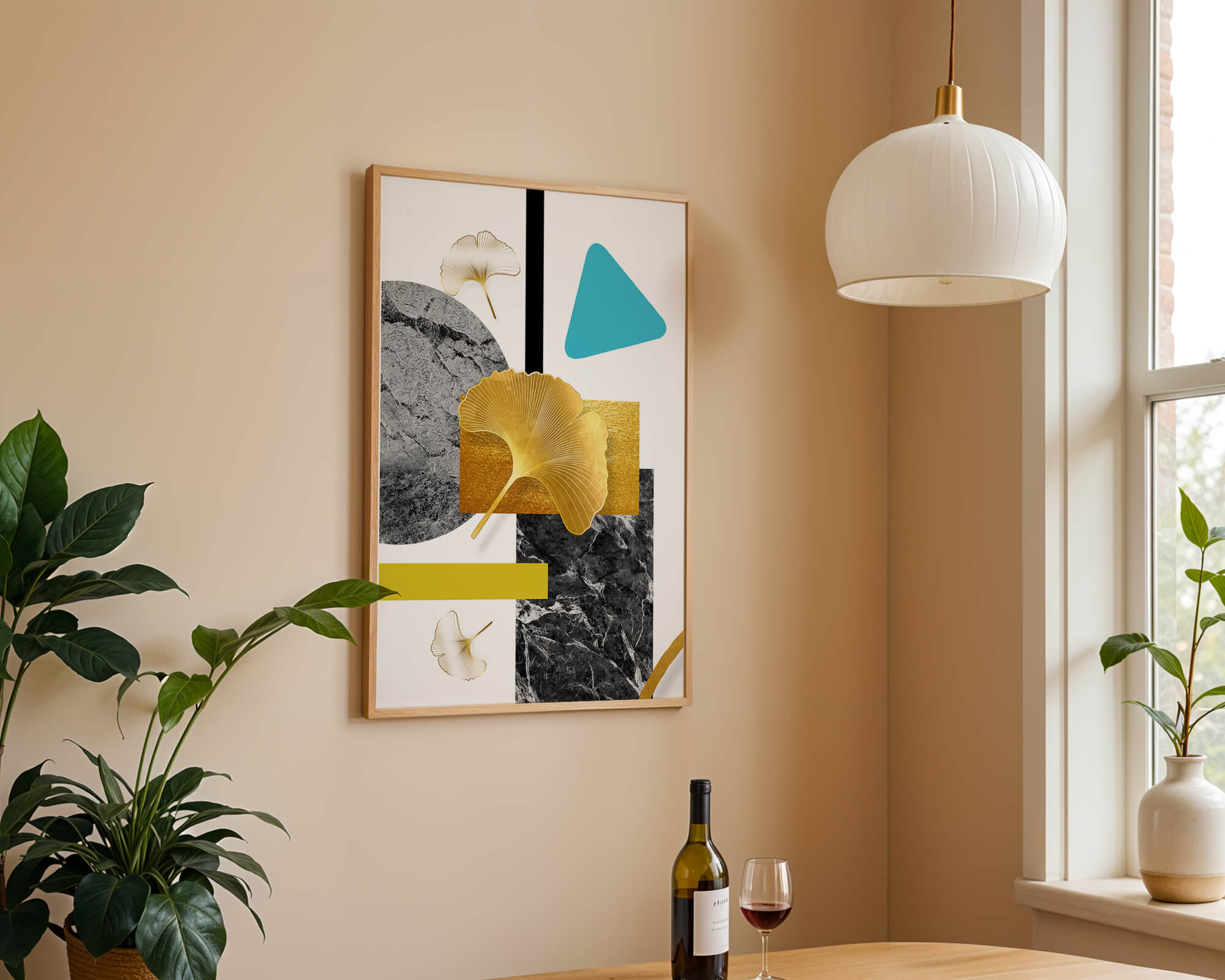 Geometric Abstract Composition with Gold Ginkgo Leaves