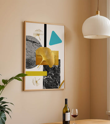 Geometric Abstract Composition with Gold Ginkgo Leaves