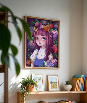 Illustration of a girl with floral crown surrounded by vibrant flowers