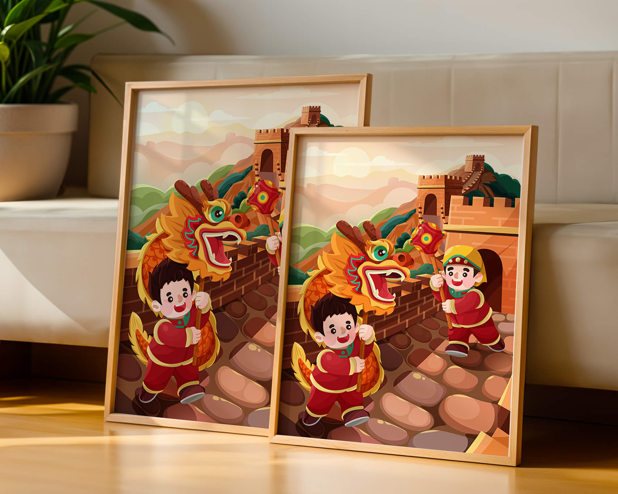 Children celebrating with dragon dance at the Great Wall