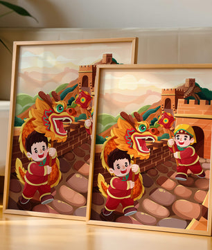Children celebrating with dragon dance at the Great Wall