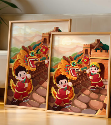 Children celebrating with dragon dance at the Great Wall