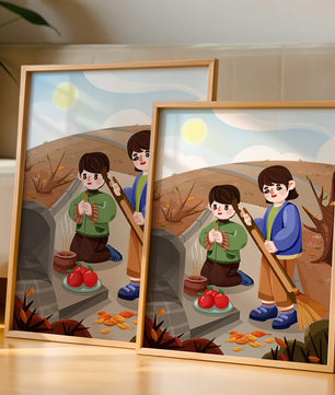 Niños participando en un ritual de otoño con ofrendas e incienso