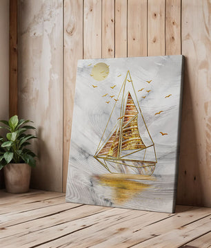 Elegant sailboat with gold elements against a textured sky