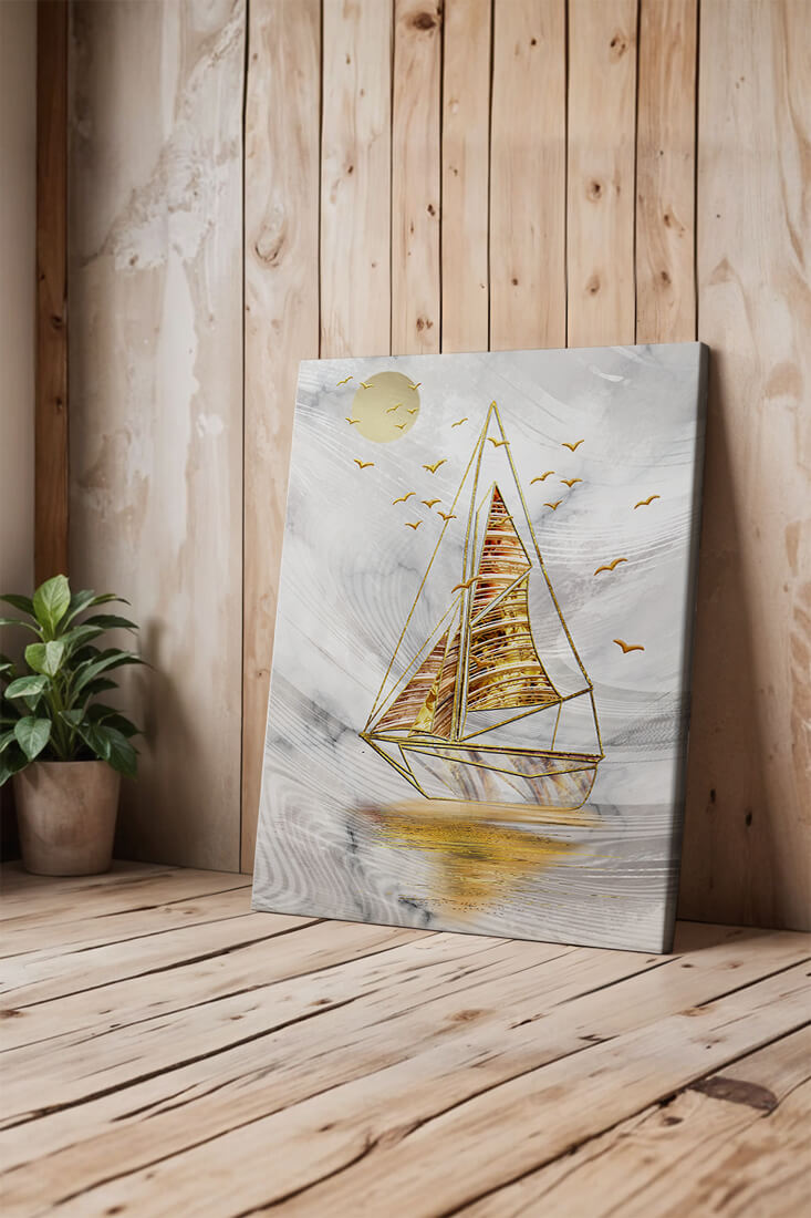 Elegant sailboat with gold elements against a textured sky