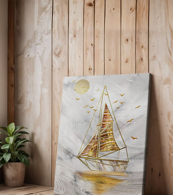 Elegant sailboat with gold elements against a textured sky