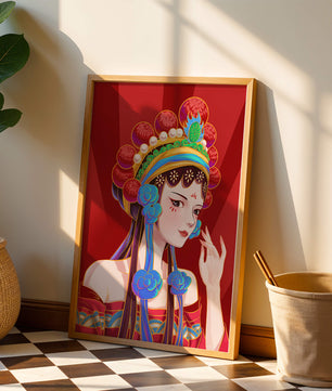 Traditional Asian art depicting stylized woman with ornate headdress