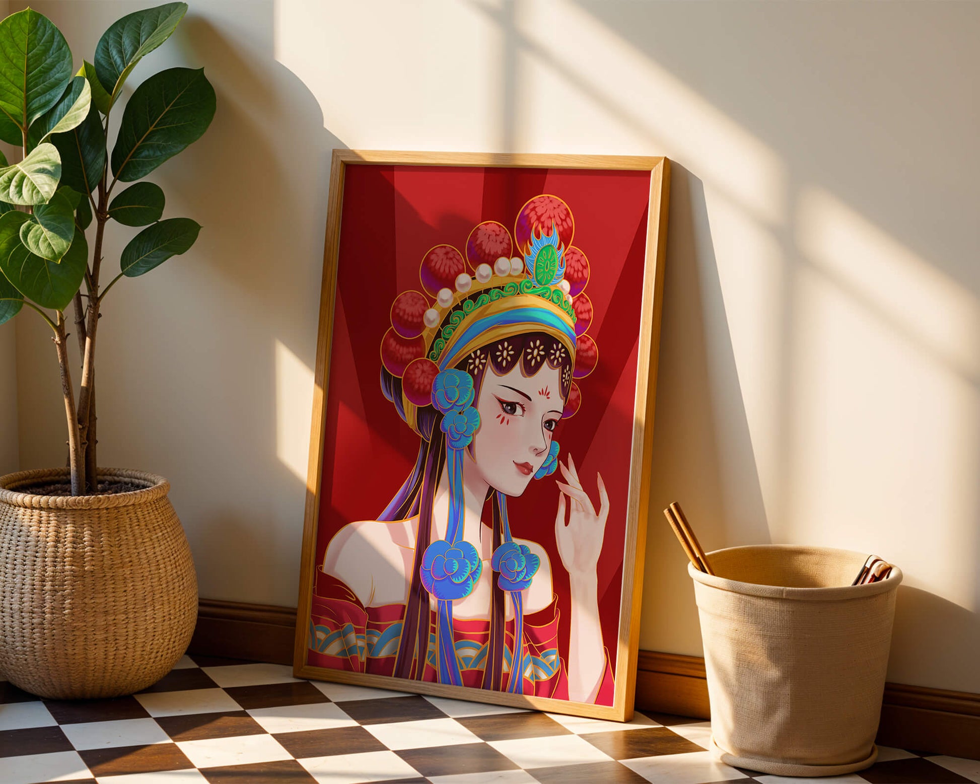 Traditional Asian art depicting stylized woman with ornate headdress