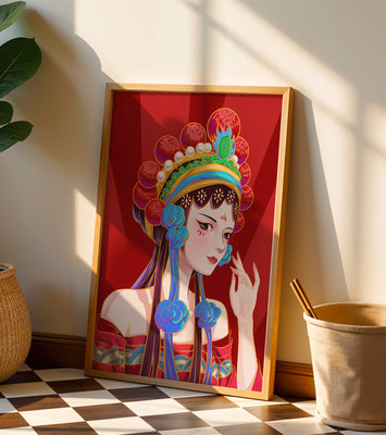 Traditional Asian art depicting stylized woman with ornate headdress