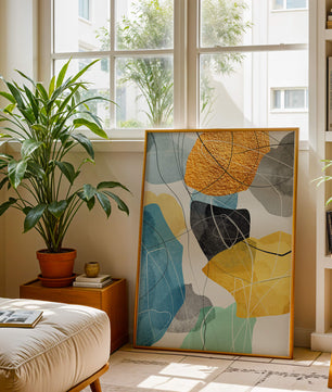 Abstrakte geometrische Kunst mit goldenen Akzenten und leuchtenden Farben